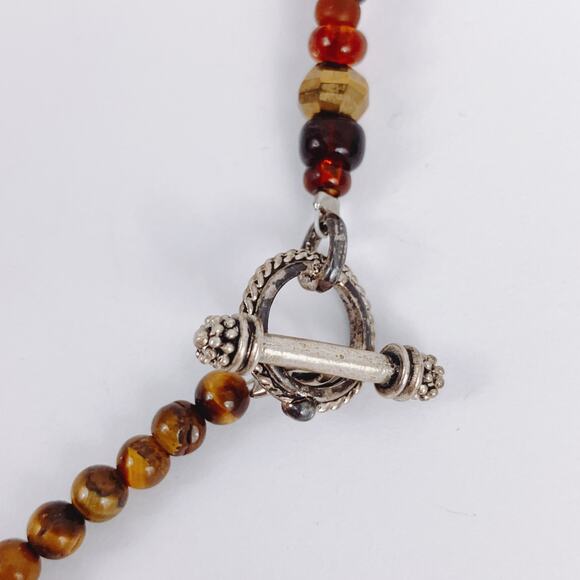 Vintage Tiger Eye Gemstone Necklace Amber Glass Beaded Choker Silver Tone Toggle - Picture 7 of 12